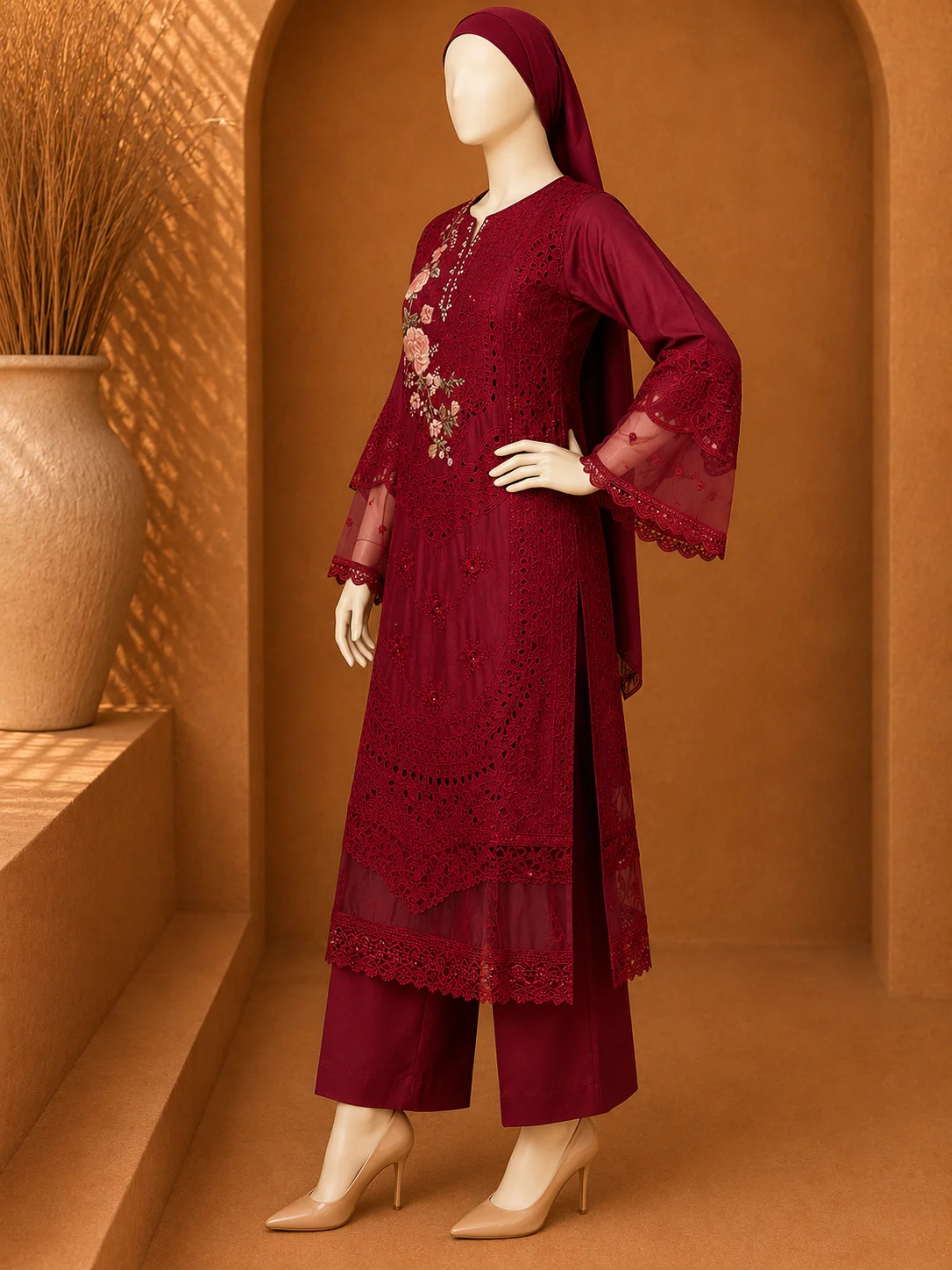 3 Piece - Embroidered cotton Suit - Image 3