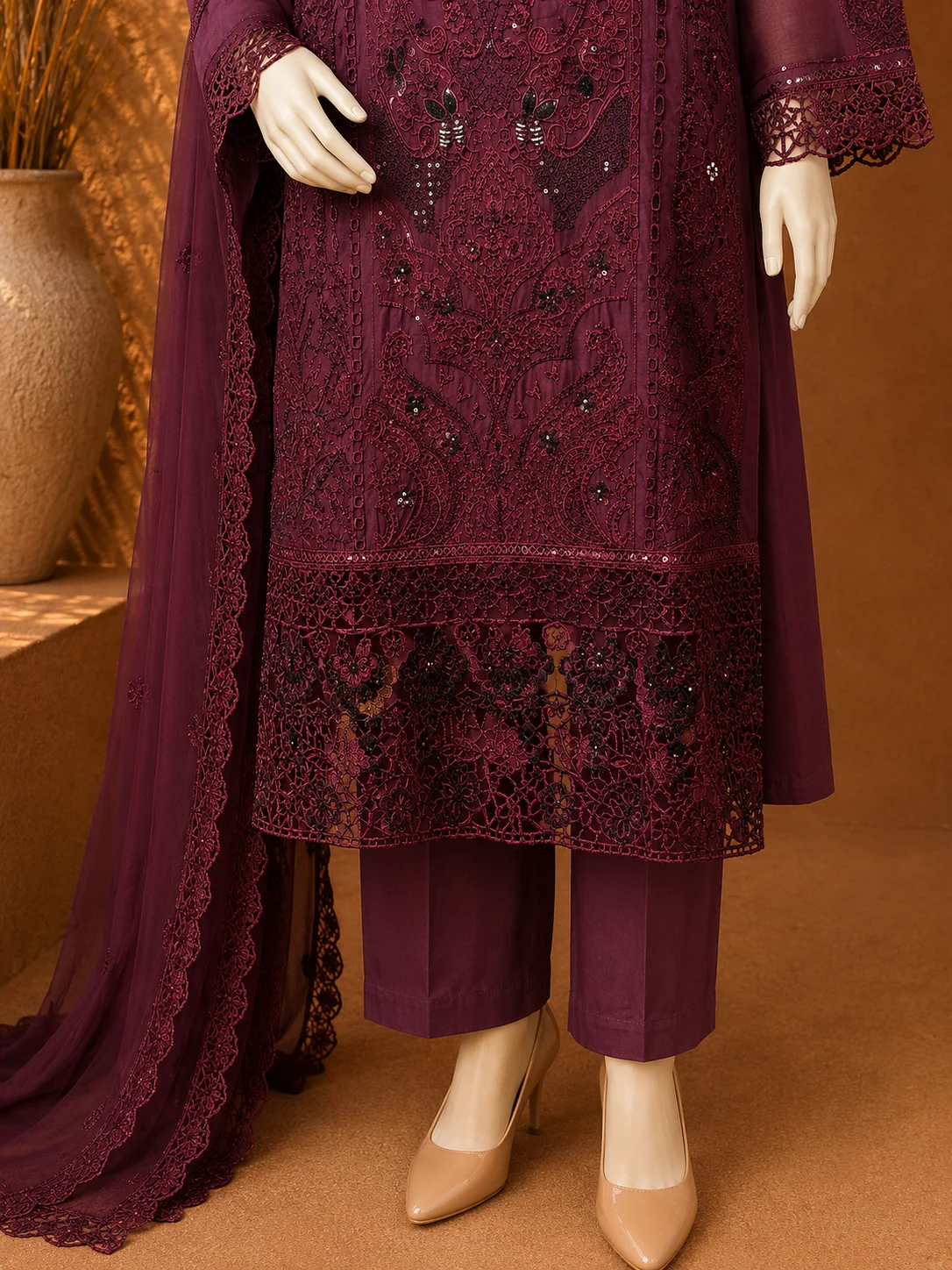 3 Piece - Embroidered cotton Suit - Image 3