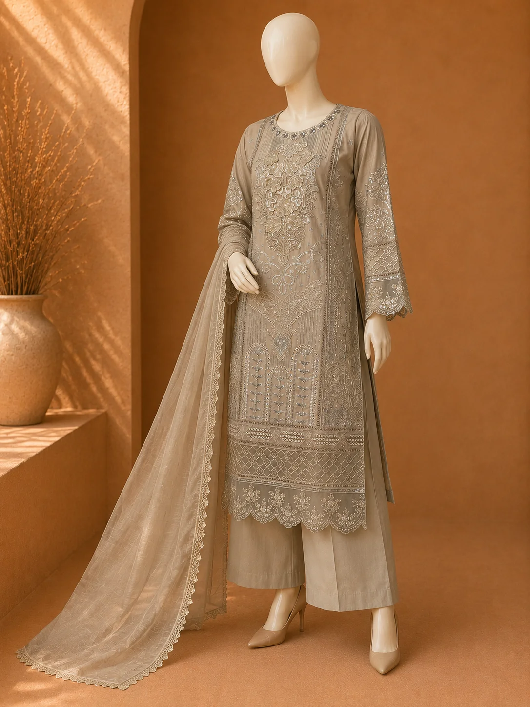 3 Piece - Embroidered cotton Suit - Image 4