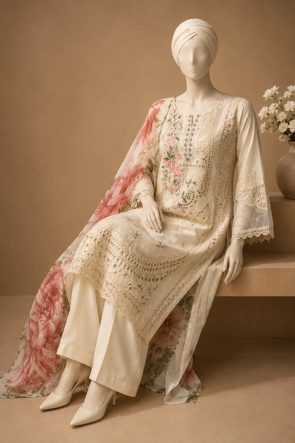 3 Piece - Embroidered cotton Suit - Image 3