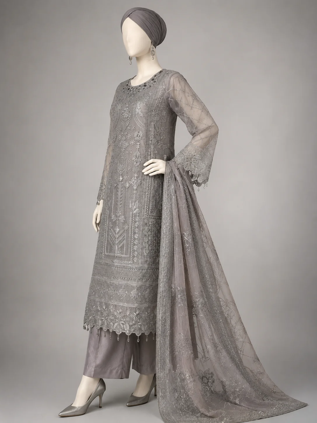 3 Piece - Embroidered Organza Suit - Image 4