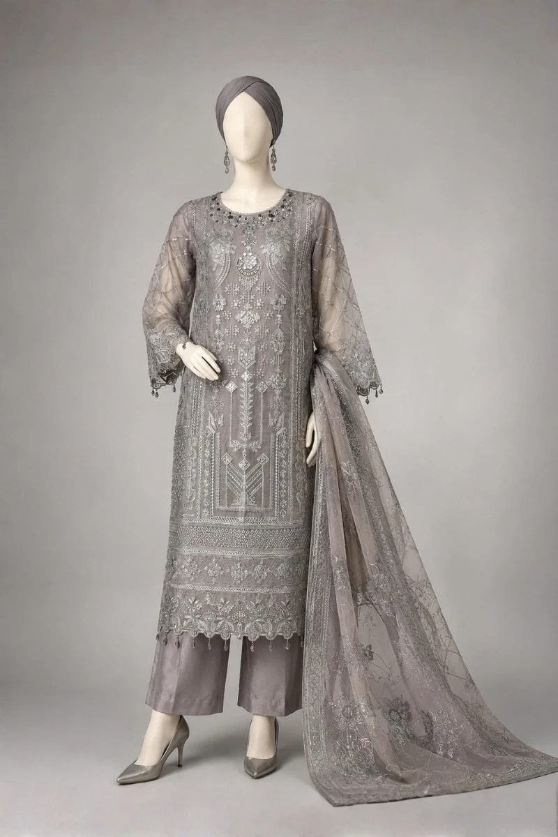 3 Piece - Embroidered Organza Suit