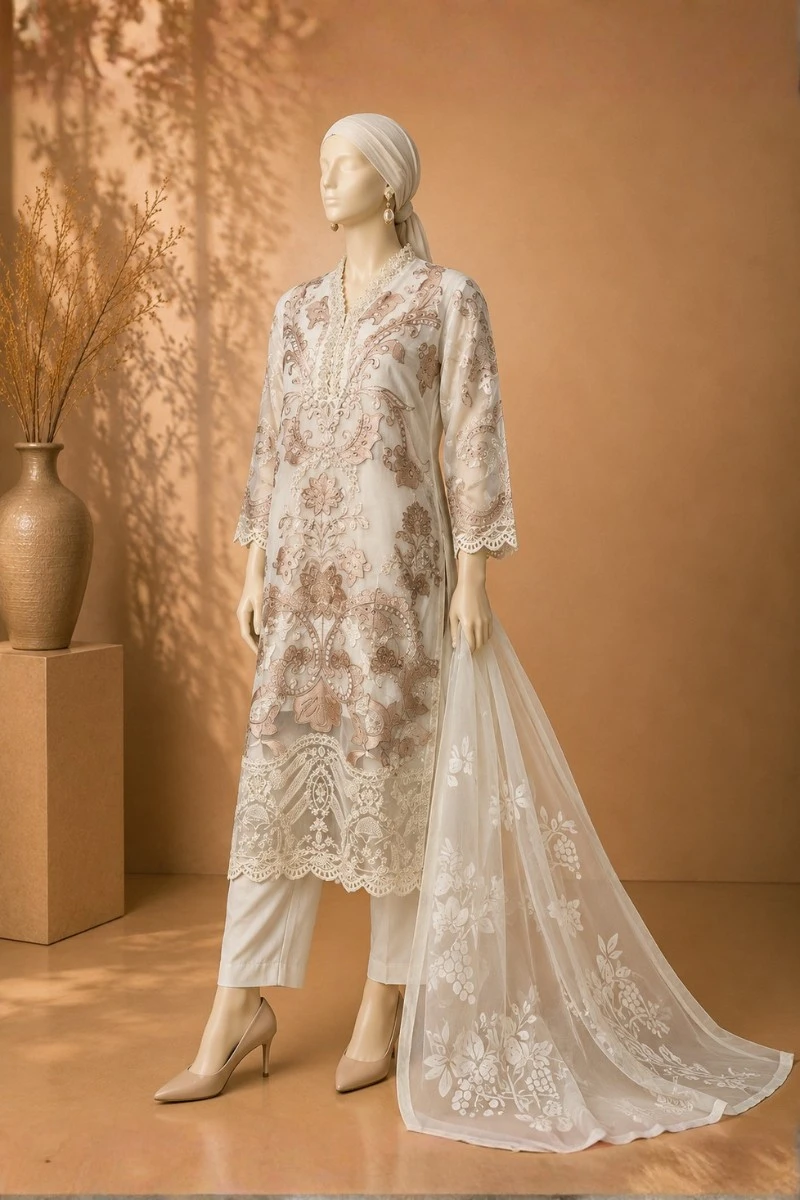 3 Piece - Embroidered Organza Suit