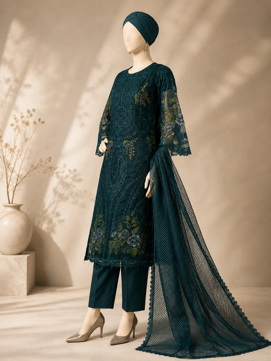 3 Piece - Embroidered Organza Suit - Image 4