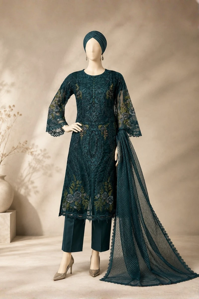 3 Piece - Embroidered Organza Suit