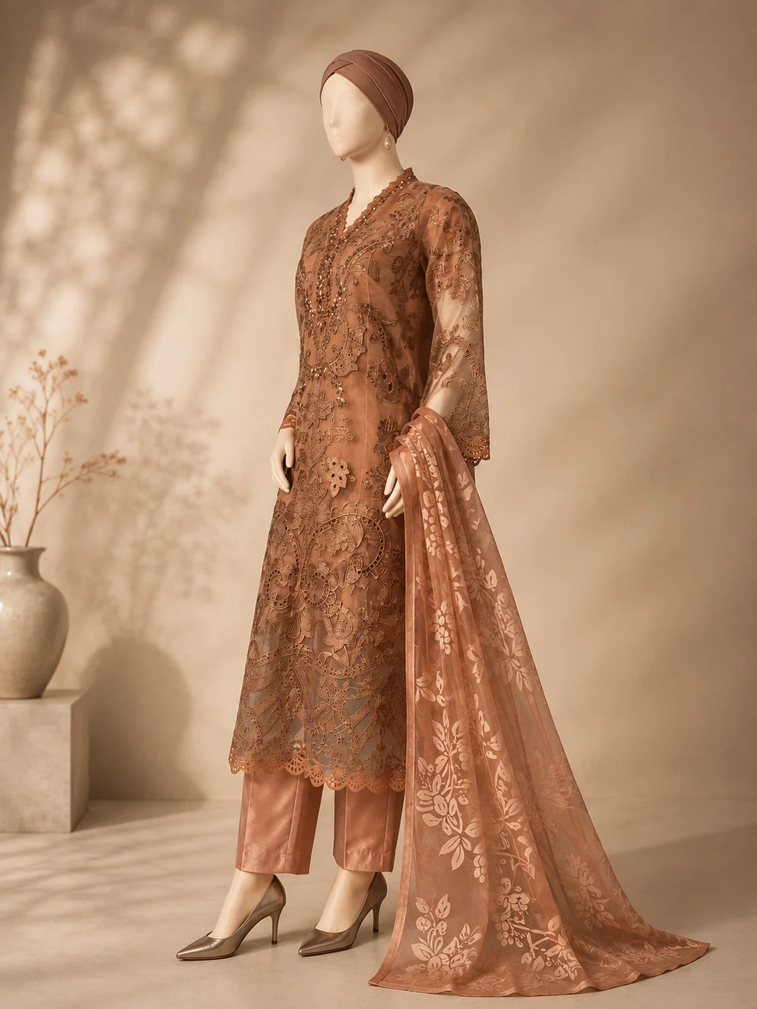3 Piece - Embroidered Organza Suit - Image 4