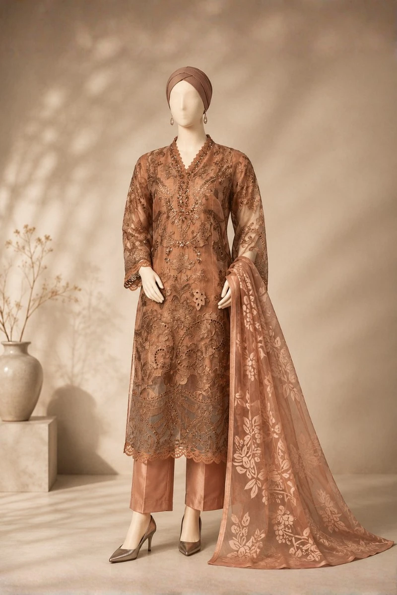 3 Piece - Embroidered Organza Suit