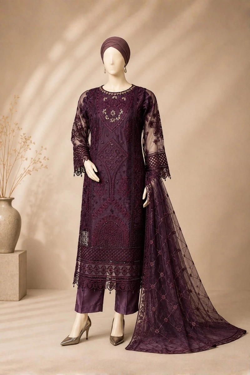 3 Piece - Embroidered Organza Suit