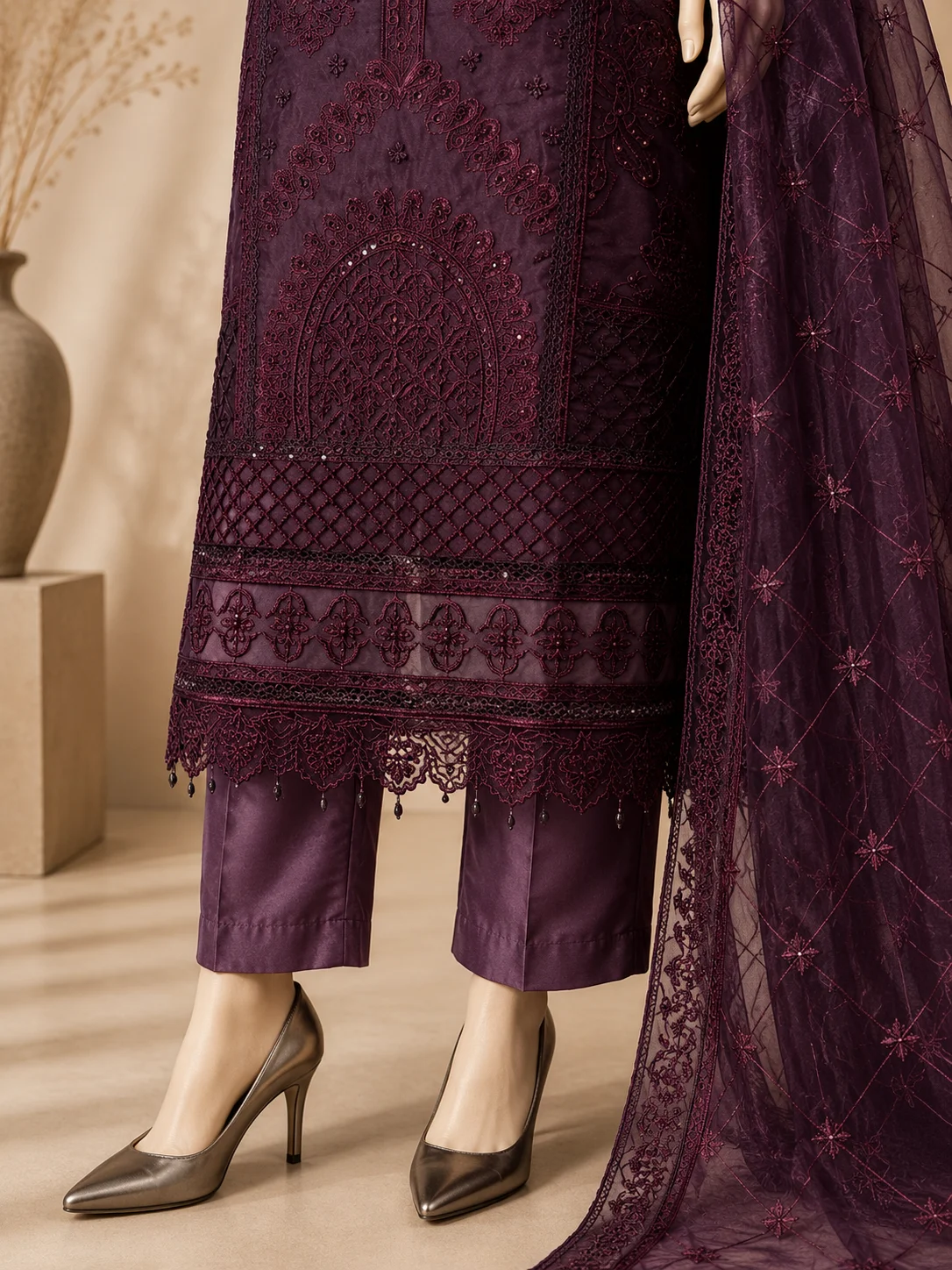3 Piece - Embroidered Organza Suit - Image 3