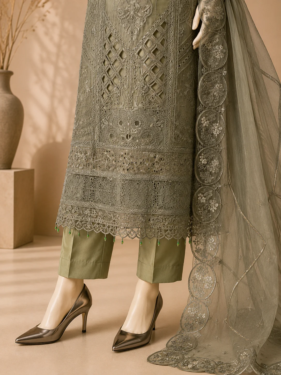 3 Piece - Embroidered Organza Suit - Image 3