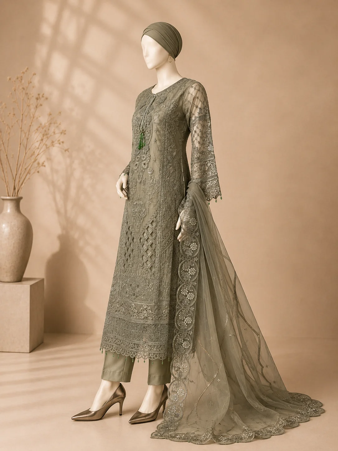 3 Piece - Embroidered Organza Suit - Image 4