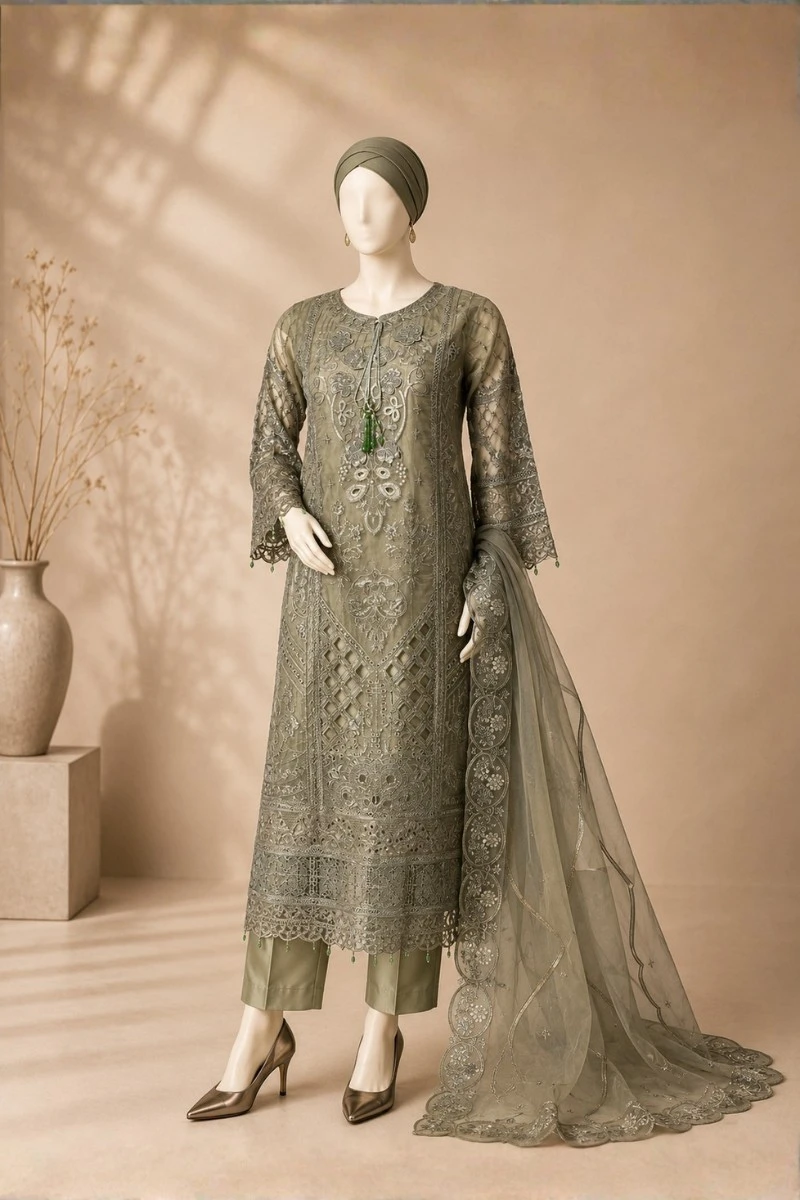 3 Piece - Embroidered Organza Suit