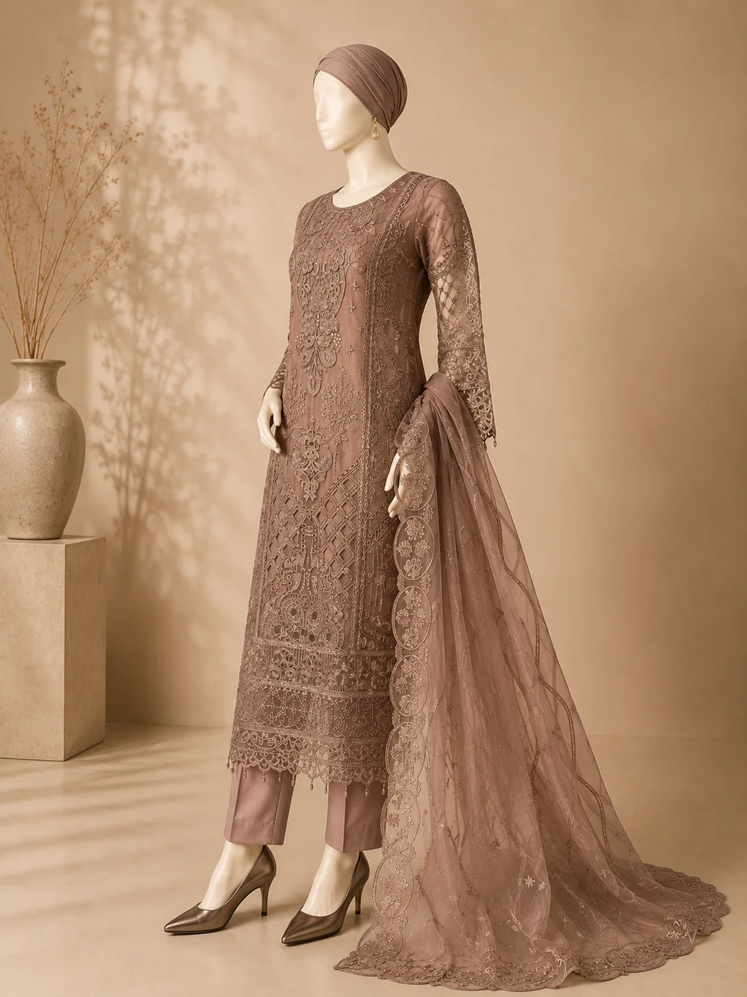 3 Piece - Embroidered Organza Suit - Image 4