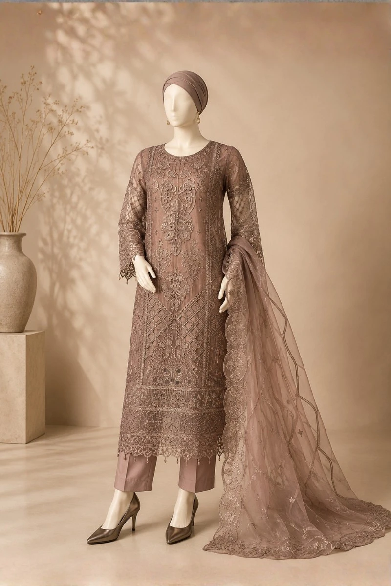 3 Piece - Embroidered Organza Suit