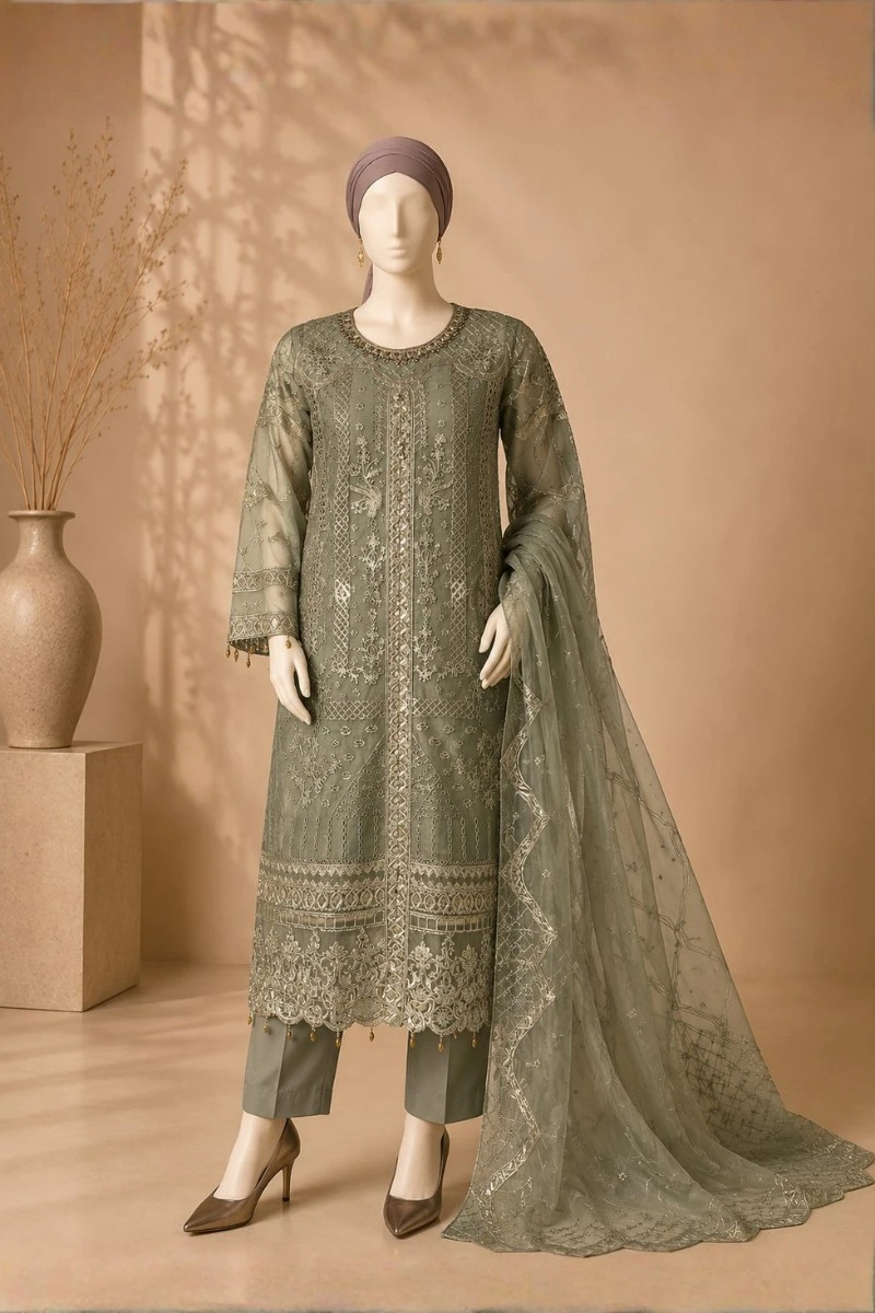 3 Piece - Embroidered Organza Suit