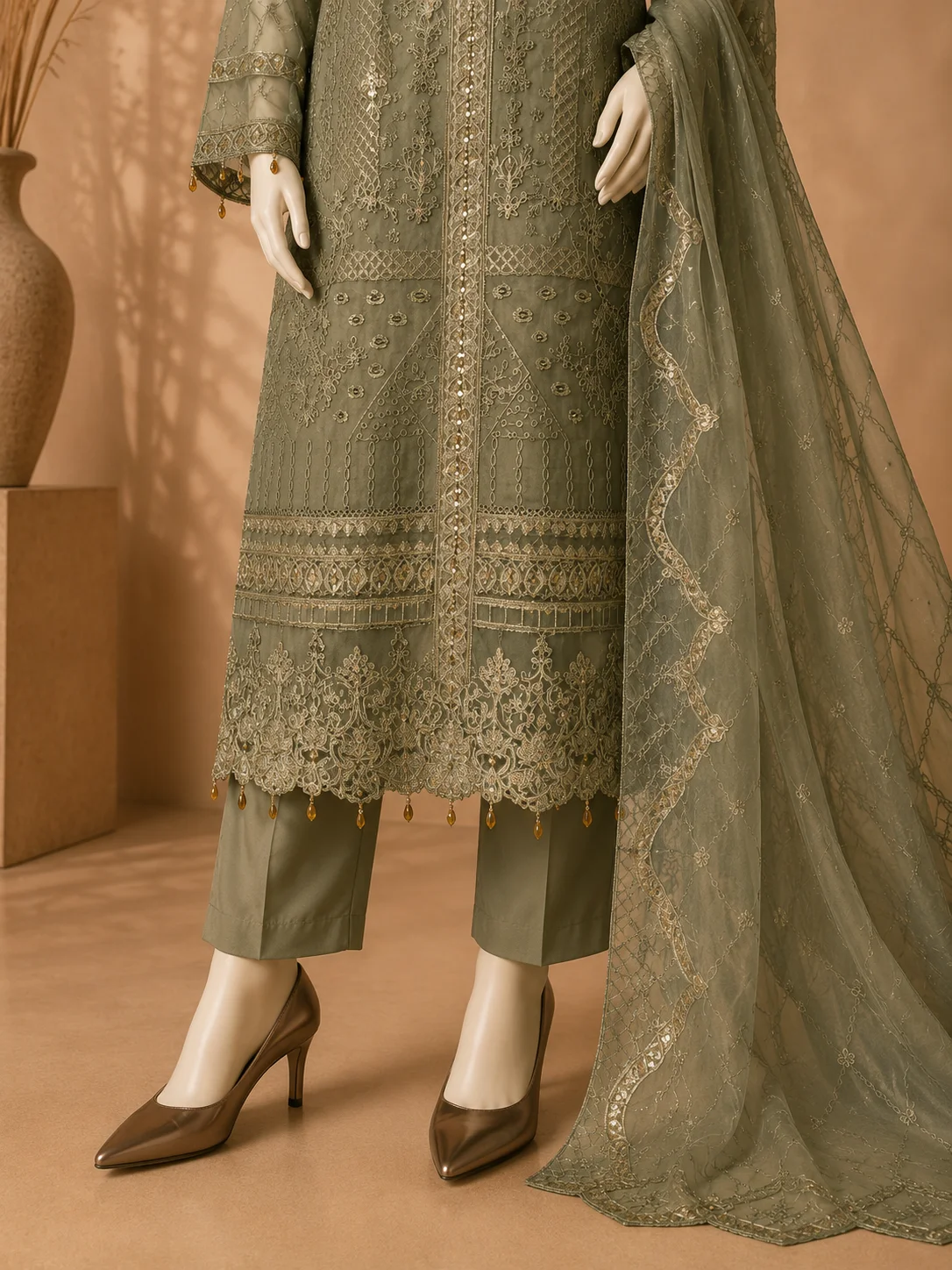 3 Piece - Embroidered Organza Suit - Image 3
