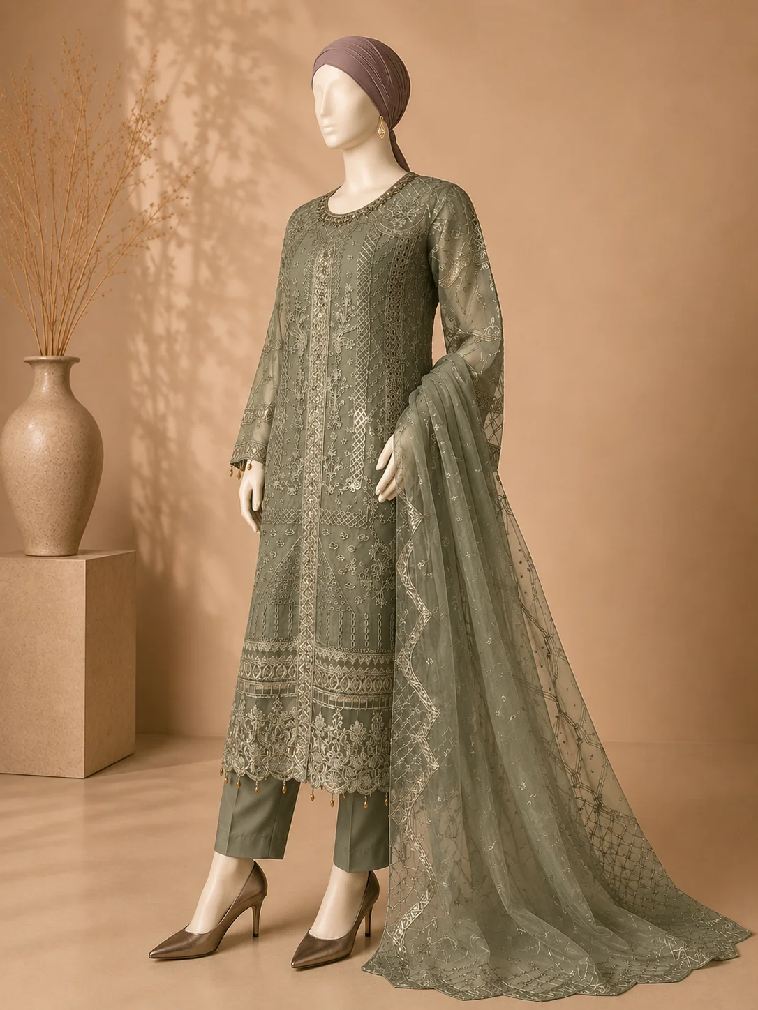 3 Piece - Embroidered Organza Suit - Image 4