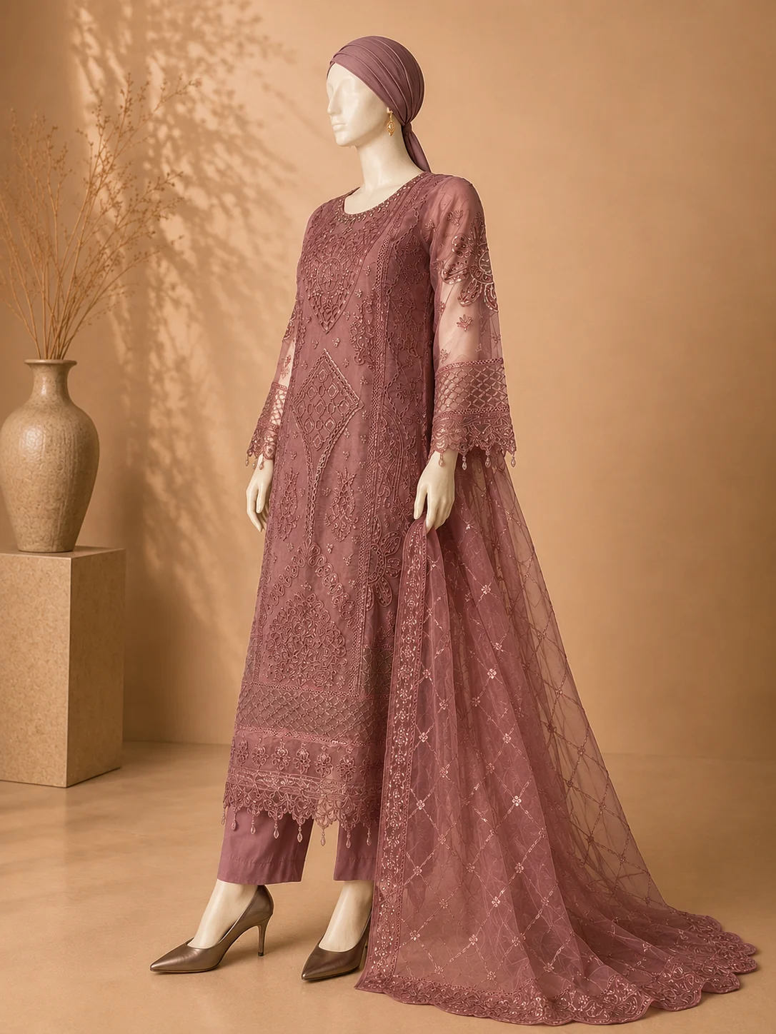 3 Piece - Embroidered Organza Suit - Image 4