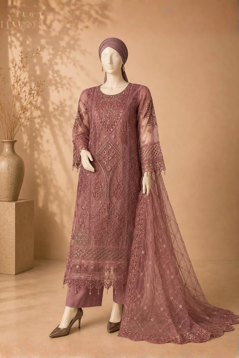 3 Piece - Embroidered Organza Suit