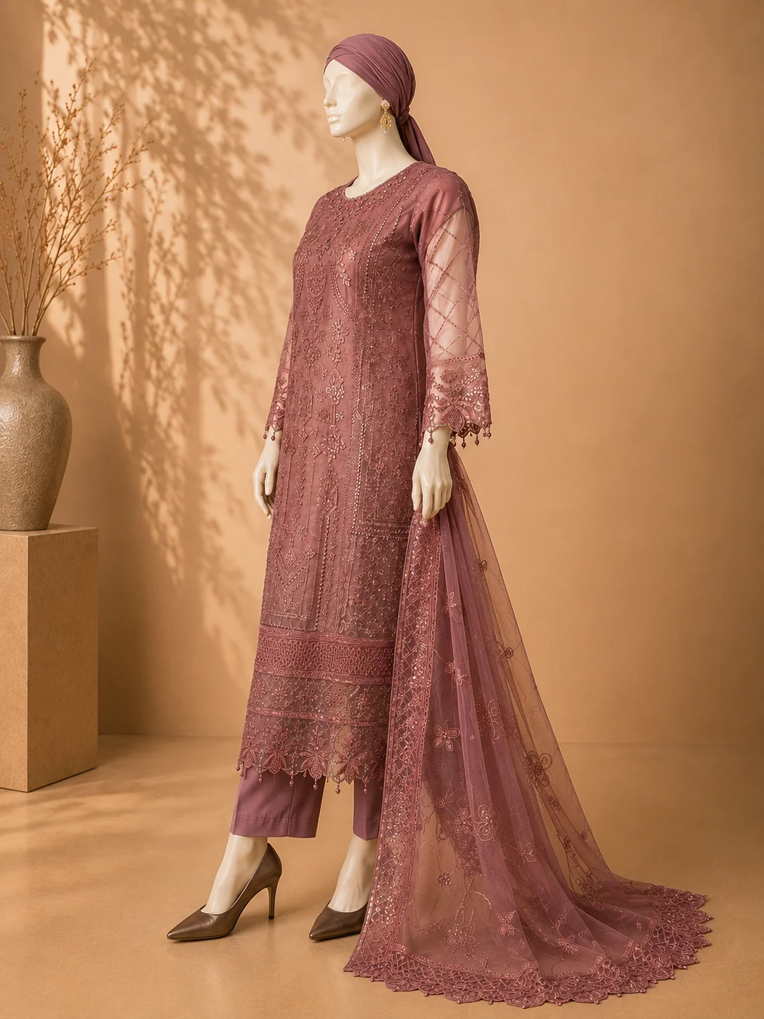 3 Piece - Embroidered Organza Suit - Image 4