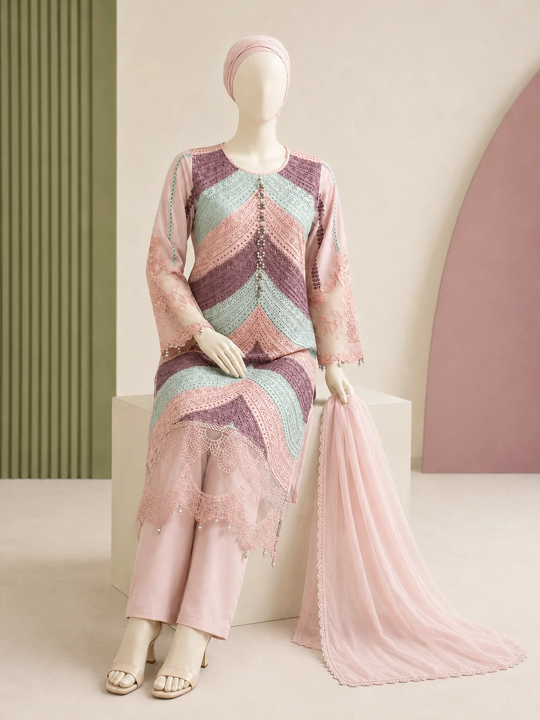 (CT-38) 3 Piece - Embroidered COTTON SUIT - Image 5