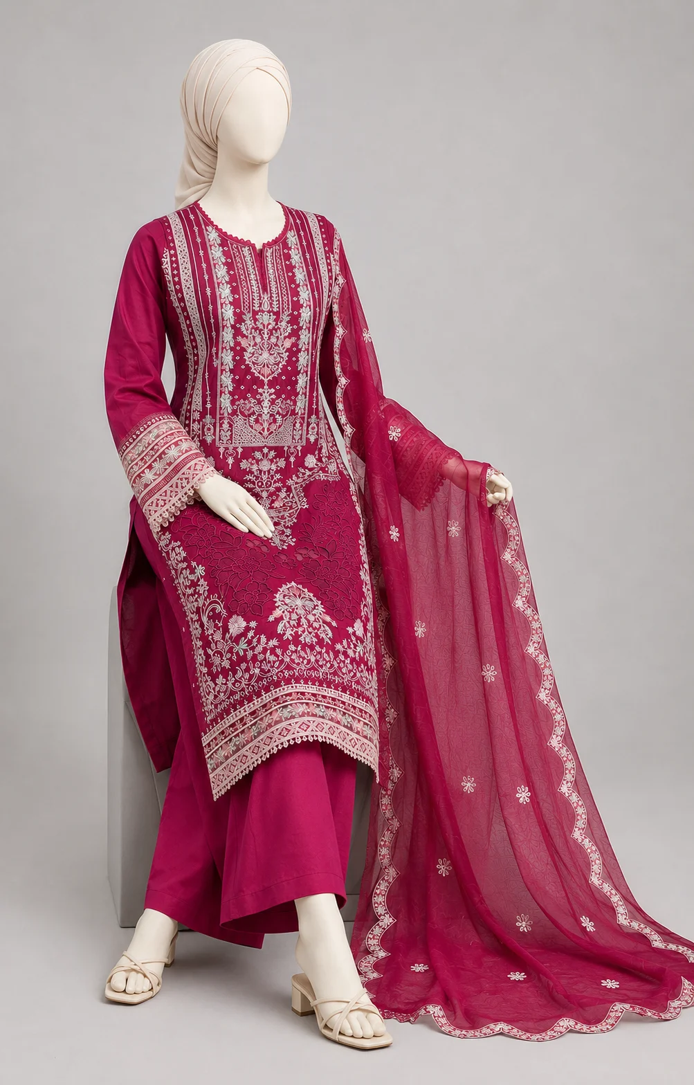 (CT-32) 3 Piece - Embroidered COTTON SUIT - Image 5