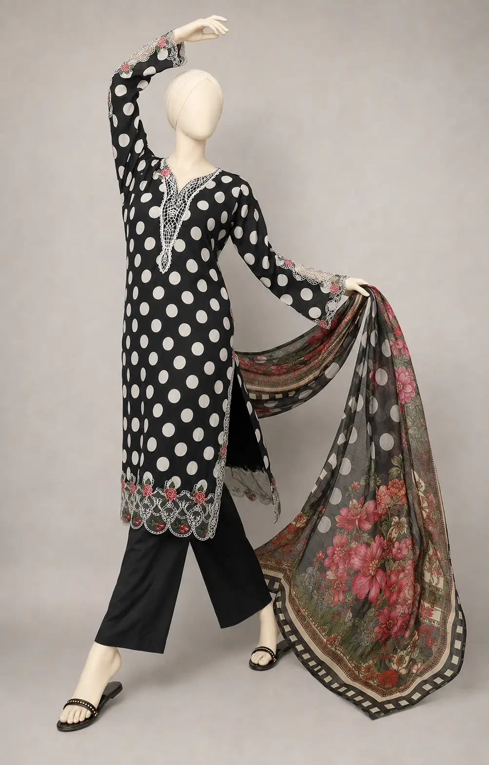 (POLKA DOT) 3 Piece - Embroidered COTTON SUIT - Image 5