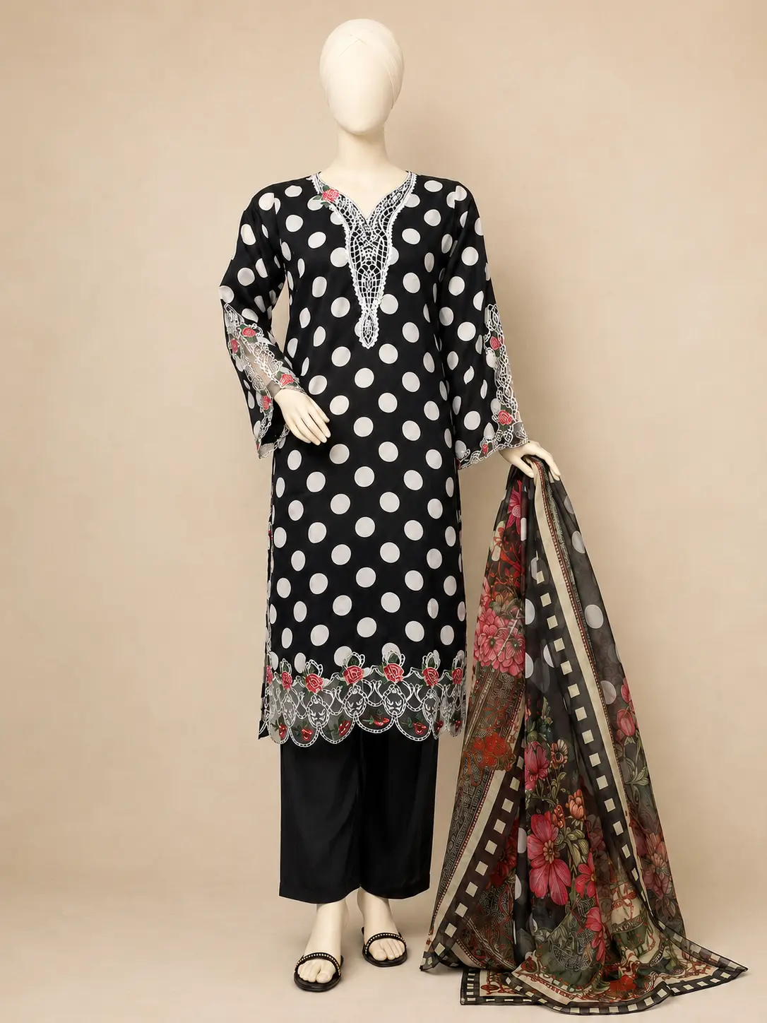 (POLKA DOT) 3 Piece - Embroidered COTTON SUIT