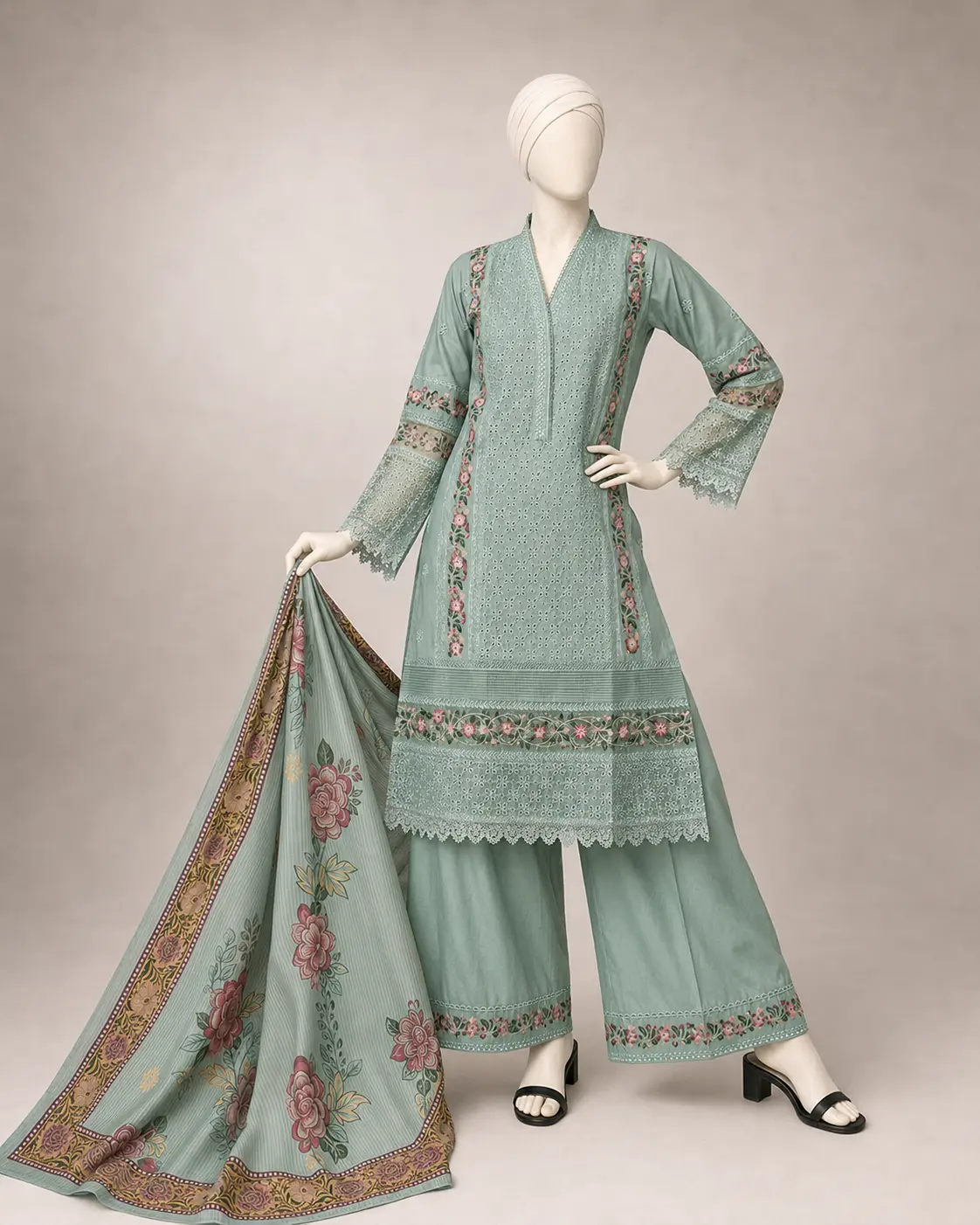 (CHICKEN PANEL) 3 Piece - Embroidered COTTON SUIT - Image 4
