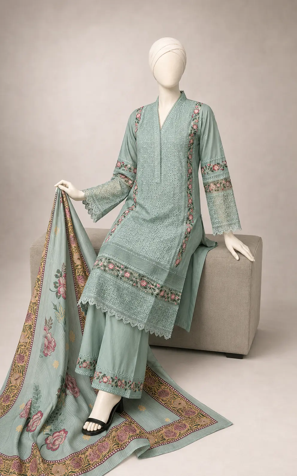 (CHICKEN PANEL) 3 Piece - Embroidered COTTON SUIT - Image 5