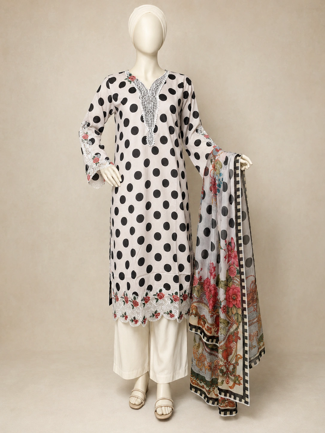 (POLKA DOT) 3 Piece - Embroidered COTTON SUIT