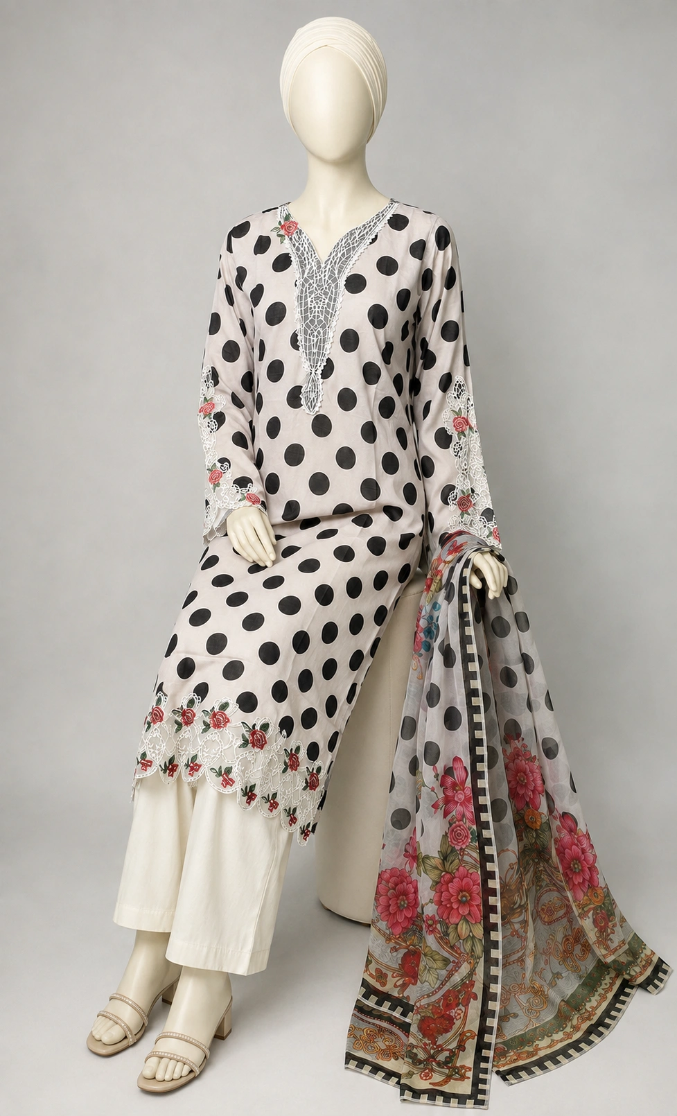 (POLKA DOT) 3 Piece - Embroidered COTTON SUIT - Image 4
