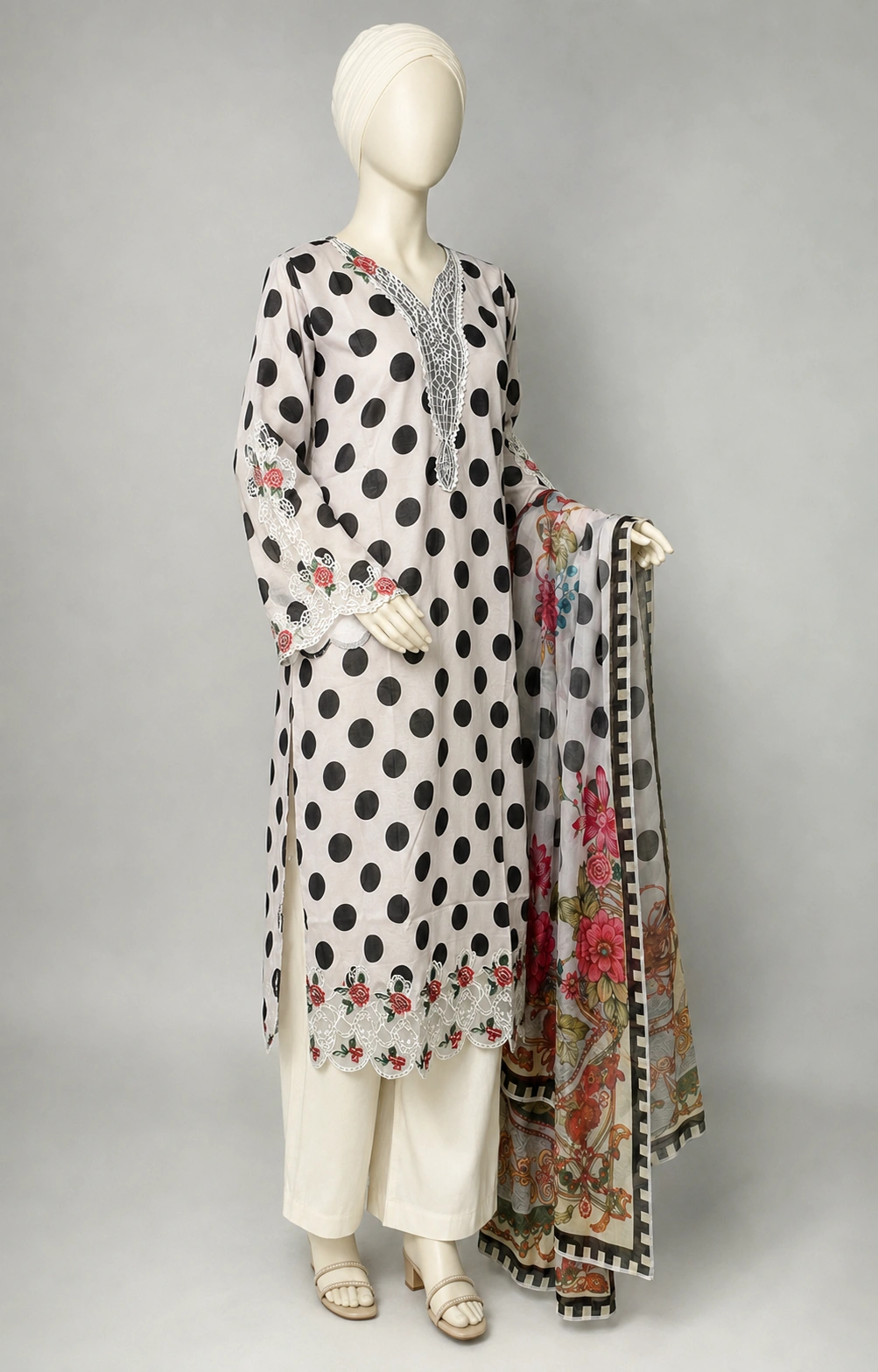 (POLKA DOT) 3 Piece - Embroidered COTTON SUIT - Image 5
