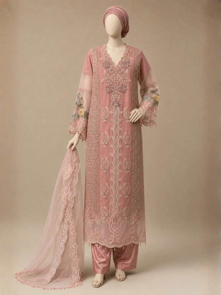(F-39) 3 Piece - Embroidered ORGANZA SUIT