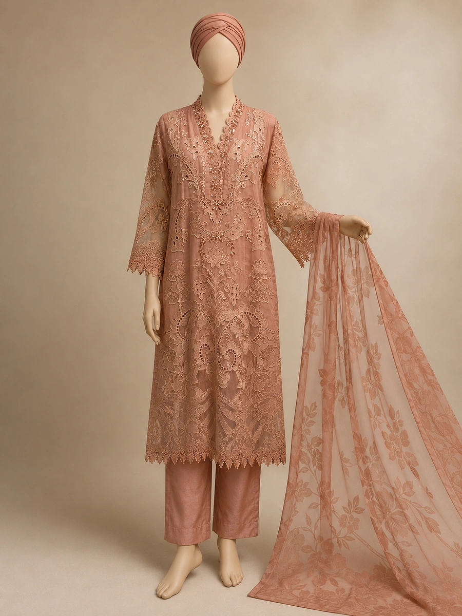 (F-23) 3 Piece - Embroidered Organza Suit