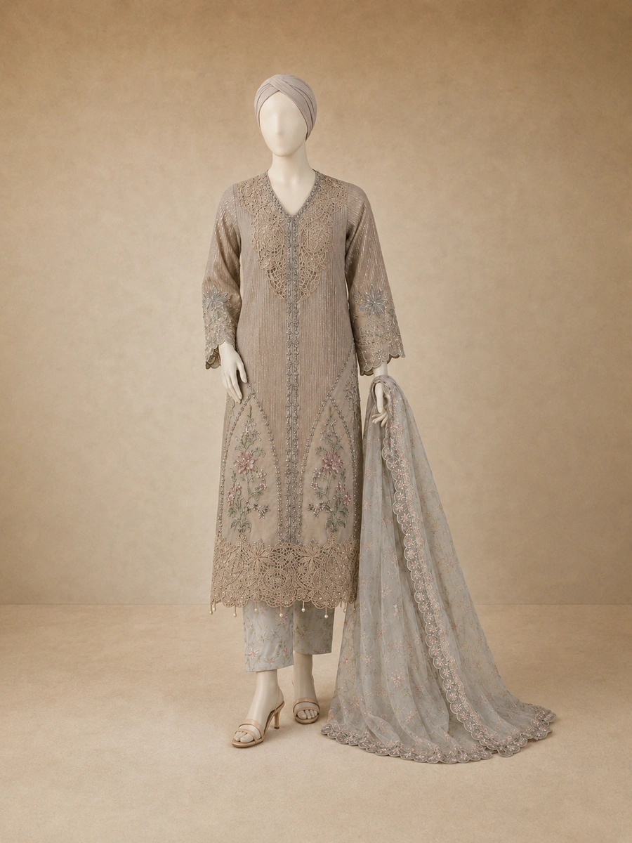 (F-38) 3 Piece - Embroidered ORGANZA SUIT