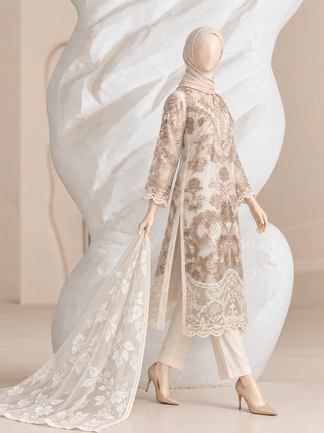 (F-23) 3 Piece - Embroidered Organza Suit - Image 4