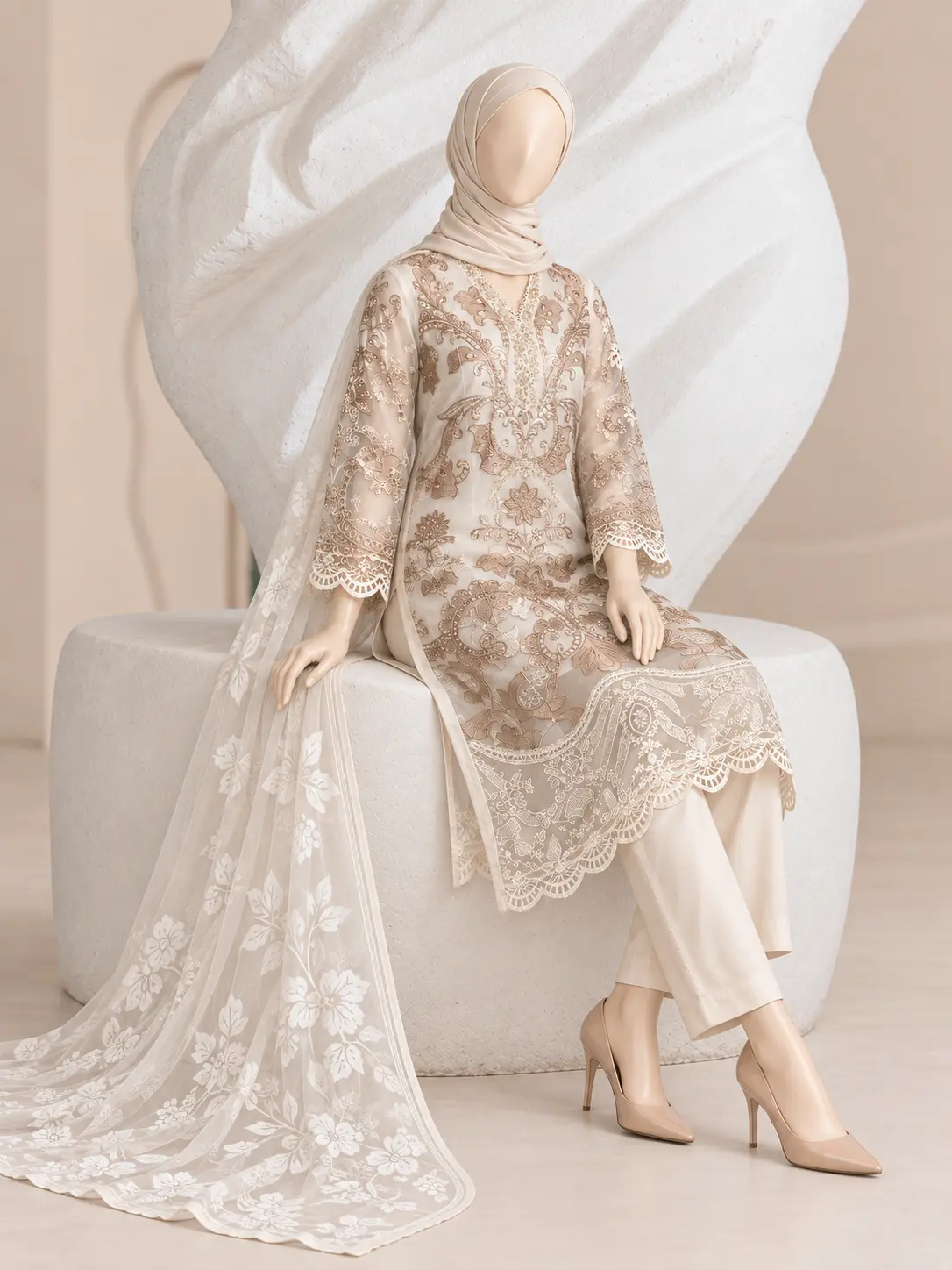 (F-23) 3 Piece - Embroidered Organza Suit - Image 5