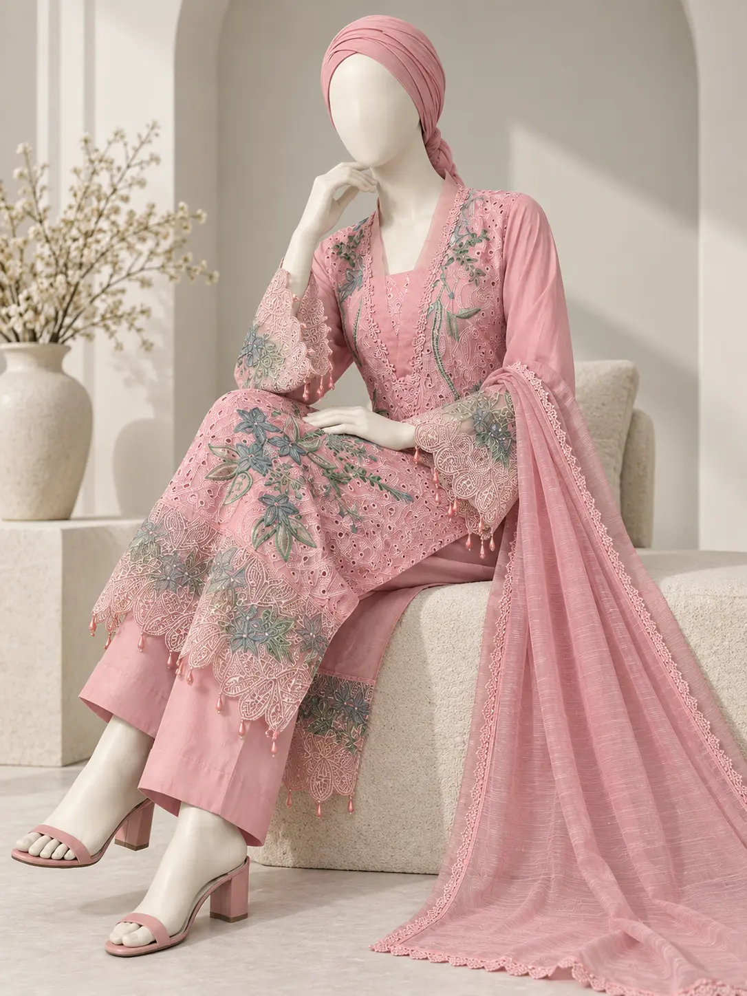 (CT-36) 3 Piece - Embroidered cotton Suit - Image 5