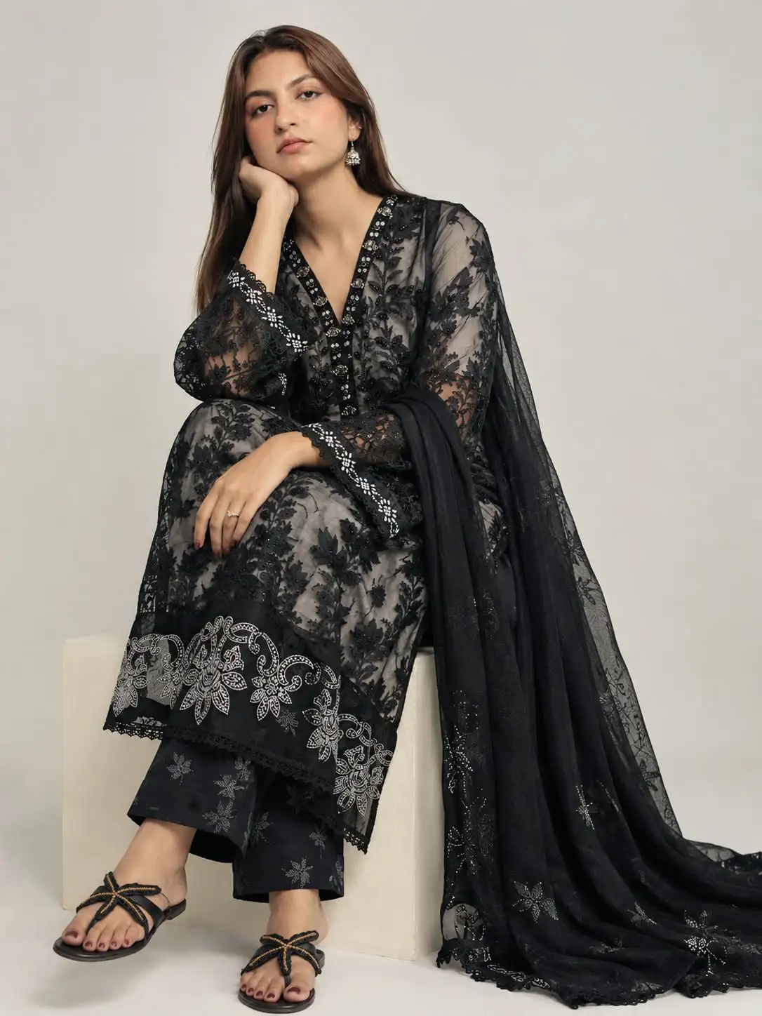 (F-41) 3 Piece - Embroidered ORGANZA  SUIT - Image 4