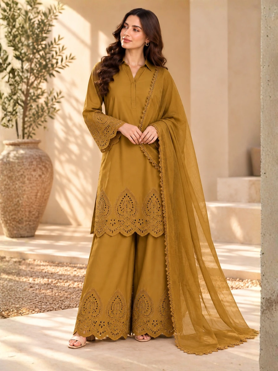 ML-(11) 3 Piece - Embroidered STONE  LENEN  SUIT