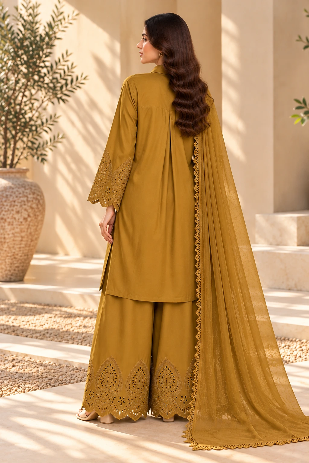 ML-(11) 3 Piece - Embroidered STONE  LENEN  SUIT - Image 5