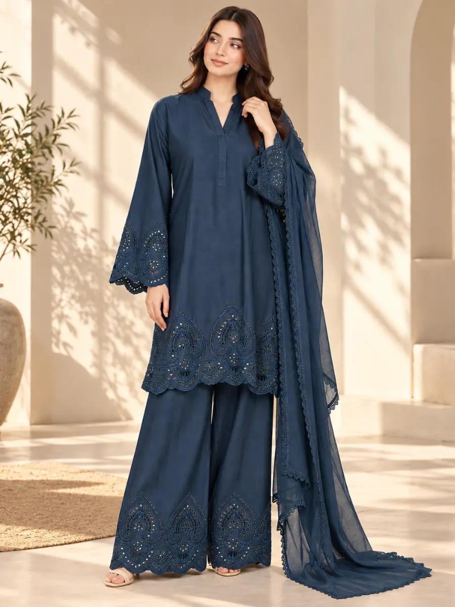 ML-(11) 3 Piece - Embroidered STONE  LENEN  SUIT
