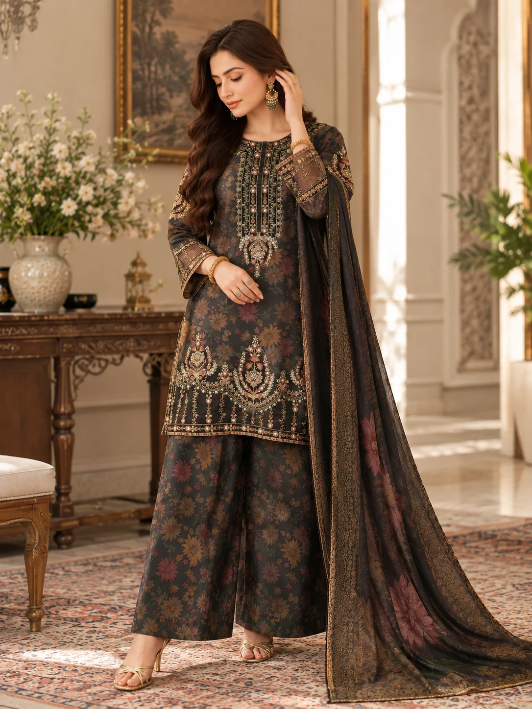 (BLP-02) 3 Piece - Embroidered PRINTED SUIT Hover
